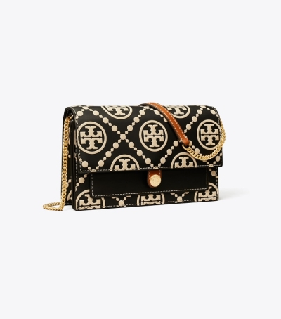 Black Cream Women's Tory Burch T Monogram Contrast Embossed Chain Wallet Mini Bags | 71480KUDV