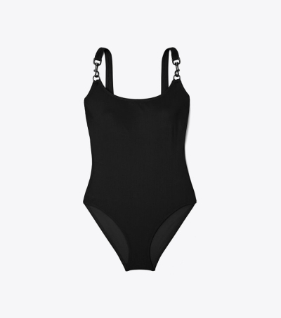 Black Women's Tory Burch Clip Tank Swimsuit, Black Hardware Swimsuit | 18937UHYI